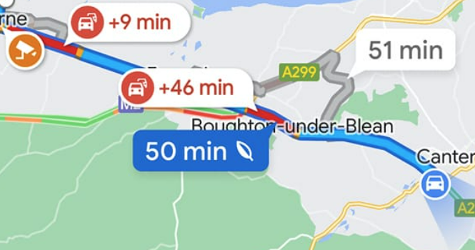 Traffic on the M20 showing delays of around 45 minutes on Google Maps.
